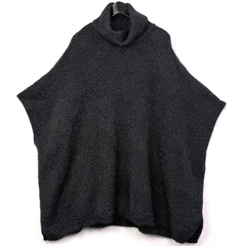 Cejon Womens Charcoal Grey Shimmer Fuzzy Knit Turtleneck Poncho Sweater OS